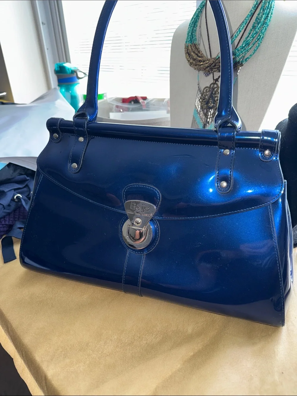 Beijo Navy Patent Satchel with Silver-Tone Lock Matching Wallet